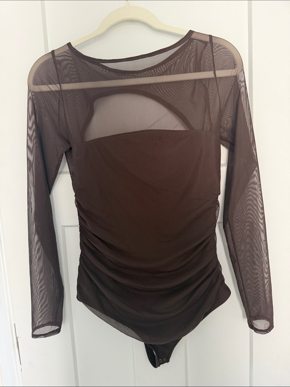 Abercrombie & Fitch Brown Sheer Mesh Long-Sleeve Ruched Bodysuit
